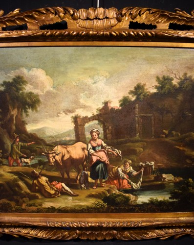 Tableaux et dessins Tableaux XVIIIe siècle - Bergers et lavandières au bord de la rivière - école Italienne du 18e siècle